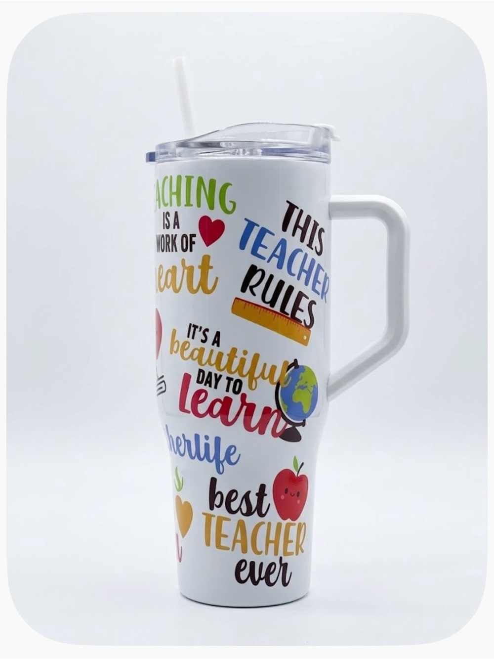Insulated White Teacher Travel Mug - Colorful "Best Teacher" Design
